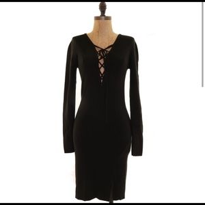 WAYF Long Sleeve Gala Lace-Up Knit Mini Dress